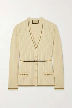 GUCCI Cardigan Aus Einer Woll-Baumwollmischung In Zopfstrick Mit Kettenverzierung Und Gürtel ,Creme