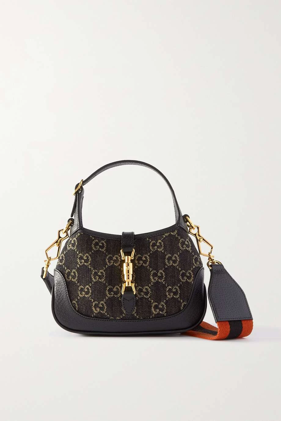 GUCCI Jackie 1961 Mini Schultertasche Aus Denim Mit Jacquard-Muster Und Lederbesätzen ,Schwarz 1 GUCCI Jackie 1961 Mini Schultertasche Aus Denim Mit Jacquard-Muster Und Lederbesätzen ,Schwarz
