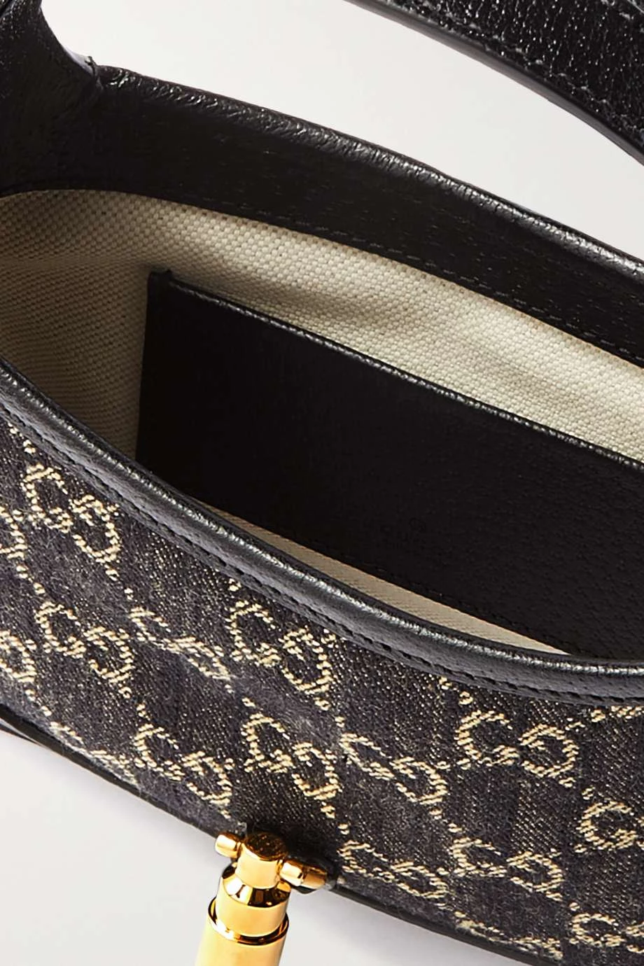 GUCCI Jackie 1961 Mini Schultertasche Aus Denim Mit Jacquard-Muster Und Lederbesätzen ,Schwarz 5 GUCCI Jackie 1961 Mini Schultertasche Aus Denim Mit Jacquard-Muster Und Lederbesätzen ,Schwarz – Bild 5