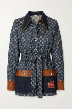 GUCCI + NET SUSTAIN Jeansjacke Aus Bio-Denim Mit Jacquard-Muster Und Lederbesätzen ,Blau
