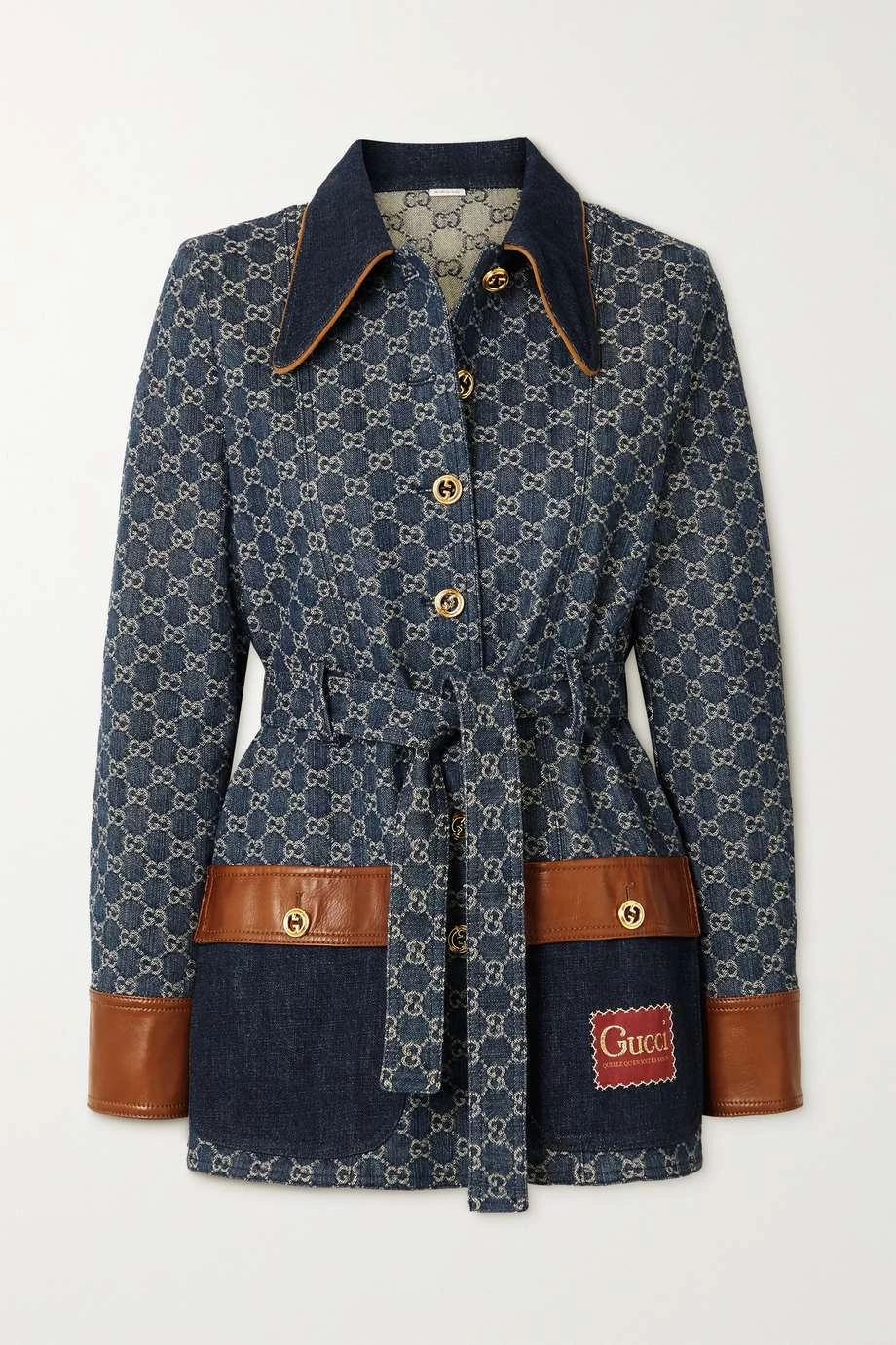 GUCCI + NET SUSTAIN Jeansjacke Aus Bio-Denim Mit Jacquard-Muster Und Lederbesätzen ,Blau 1 GUCCI + NET SUSTAIN Jeansjacke Aus Bio-Denim Mit Jacquard-Muster Und Lederbesätzen ,Blau