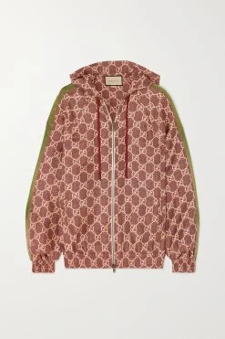 GUCCI Kapuzenjacke Aus Bedrucktem Seiden-Twill Mit Metallic-Webbandbesätzen ,Beige