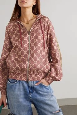 GUCCI Kapuzenjacke Aus Bedrucktem Seiden-Twill Mit Metallic-Webbandbesätzen ,Beige -Gucci Verkäufe w920 q60 1167