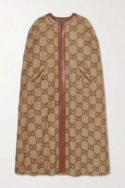 GUCCI Aria Wendbares Cape Aus Canvas Aus Einer Baumwollmischung Mit Jacquard-Muster Und Lederbesätzen ,Camel