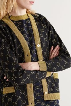 GUCCI Cardigan Aus Jacquard-Strick Aus Einer Baumwollmischung In Metallic-Optik ,Navy -Gucci Verkäufe w920 q60 1189