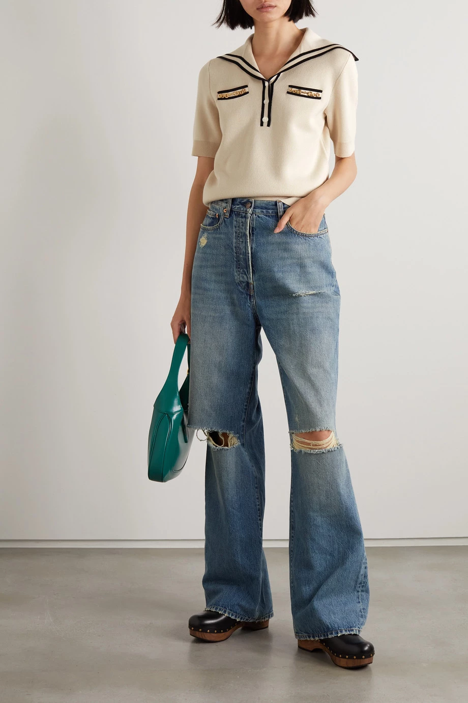 GUCCI Verziertes Oberteil Aus Woll-Piqué Mit Streifen ,Beige 2 GUCCI Verziertes Oberteil Aus Woll-Piqué Mit Streifen ,Beige – Bild 2