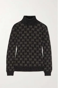 GUCCI GG Stehkragenpullover Aus Metallic-Strick Aus Einer Baumwollmischung Mit Intarsienmuster ,Schwarz
