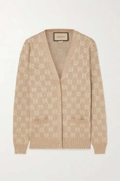 GUCCI Cardigan Aus Jacquard-Strick Aus Einer Baumwollmischung In Metallic-Optik ,Camel
