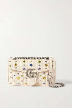 GUCCI GG Marmont 2.0 Kleine Schultertasche Aus Gestepptem Leder Mit Kristallen ,Weiß