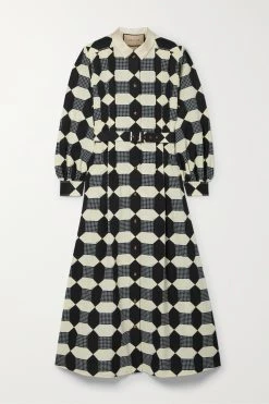 GUCCI Aria Midi-Hemdblusenkleid Aus Faille Aus Einer Baumwollmischung Mit Print Und Gürtel ,Elfenbein