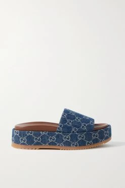 GUCCI Angelina Pantoletten Aus Bio-Denim Mit Logomuster Und Plateau ,Blau