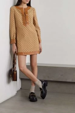 GUCCI Kaftan Aus Canvas Aus Einer Leinenmischung Mit Jacquard-Muster Und Lederbesätzen ,Beige -Gucci Verkäufe w920 q60 1648