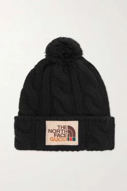 GUCCI + The North Face Beanie Aus Wolle In Zopfstrick Mit Applikation ,Schwarz