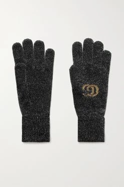 GUCCI Handschuhe Aus Metallic-Intarsienstrick ,Schwarz