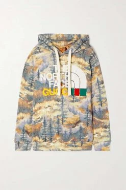 GUCCI + The North Face Hoodie Aus Bedrucktem Baumwoll-Jersey ,Grün