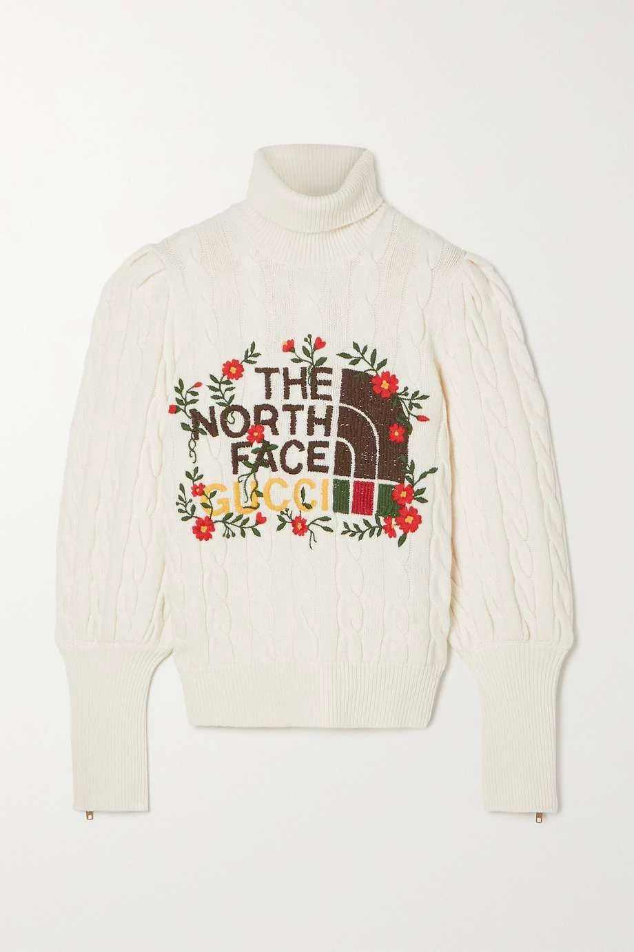 GUCCI + The North Face Rollkragenpullover Aus Wolle In Zopfstrick Mit Stickerei ,Elfenbein 1 GUCCI + The North Face Rollkragenpullover Aus Wolle In Zopfstrick Mit Stickerei ,Elfenbein