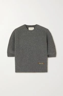 GUCCI Kaschmirpullover Mit Lederbesätzen Und Horsebit-Detail ,Grau