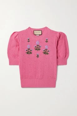 GUCCI Pullover Aus Einer Baumwoll-Seidenmischung In Pointelle-Strick Mit Stickereien ,Pink