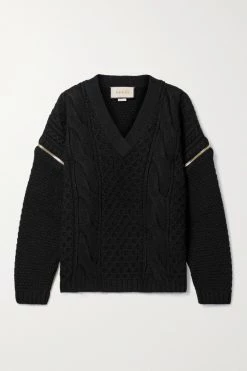 GUCCI Wandelbarer Zopfstrickpullover Aus Wolle ,Schwarz