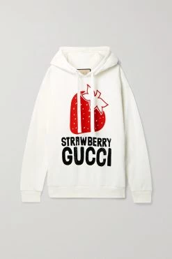 GUCCI Strawberry Verzierter Oversized-Hoodie Aus Baumwoll-Jersey ,Weiß