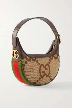 GUCCI Ophidia Mini Schultertasche Aus Beschichtetem Canvas Mit Print, Besätzen Aus Strukturiertem Leder Und Webstreifen ,Camel