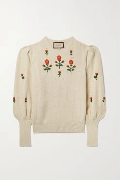 GUCCI Pullover Aus Einer Woll-Baumwollmischung In Pointelle-Strick Mit Stickereien ,Elfenbein