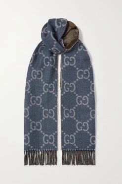 GUCCI Wendbarer Schal Aus Wolle Mit Logo-Jacquard Und Fransen ,Navy
