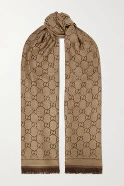 GUCCI + NET SUSTAIN Sten Wendbares Tuch Aus Biowoll-Jacquard Mit Fransen ,Braun