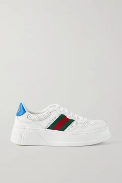 GUCCI Sneakers Aus Leder Mit Perforierungen Und Webstreifenbesätzen ,Weiß