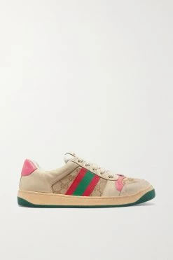 GUCCI Screener Sneakers Aus Canvas Und Distressed-Leder Mit Jacquard-Logomuster ,Beige