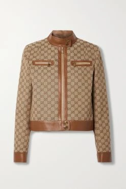 GUCCI Aria Jacke Aus Canvas Aus Einer Baumwollmischung Mit Logomuster Und Lederbesätzen ,Beige