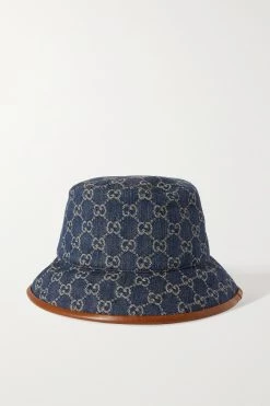 GUCCI Fischerhut Aus Denim Mit Jacquard-Muster Und Lederbesatz ,Blau
