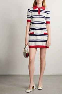 GUCCI Love Parade Gestreiftes Minikleid Aus Baumwolle In Pointelle-Strick ,Creme -Gucci Verkäufe w920 q60 249