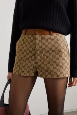GUCCI Aria Shorts Aus Canvas Aus Einer Baumwollmischung Mit Jacquard-Muster Und Lederbesätzen ,Camel -Gucci Verkäufe w920 q60 2508