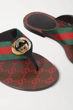 GUCCI Kika Zehensandalen Aus Leder Und Gestreiftem Canvas Mit Logoverzierung ,Braun -Gucci Verkäufe w920 q60 2546
