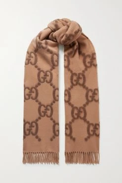 GUCCI Schal Aus Woll-Jacquard Mit Fransen ,Camel