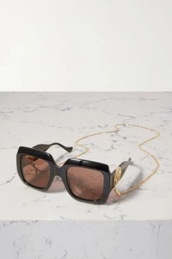 GUCCI EYEWEAR Oversized-Sonnenbrille Mit Eckigem Rahmen Aus Azetat Mit Goldfarbenen Details ,Schwarz
