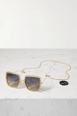 GUCCI EYEWEAR Goldfarbene Oversized-Sonnenbrille Mit Eckigem Rahmen Und Verzierung