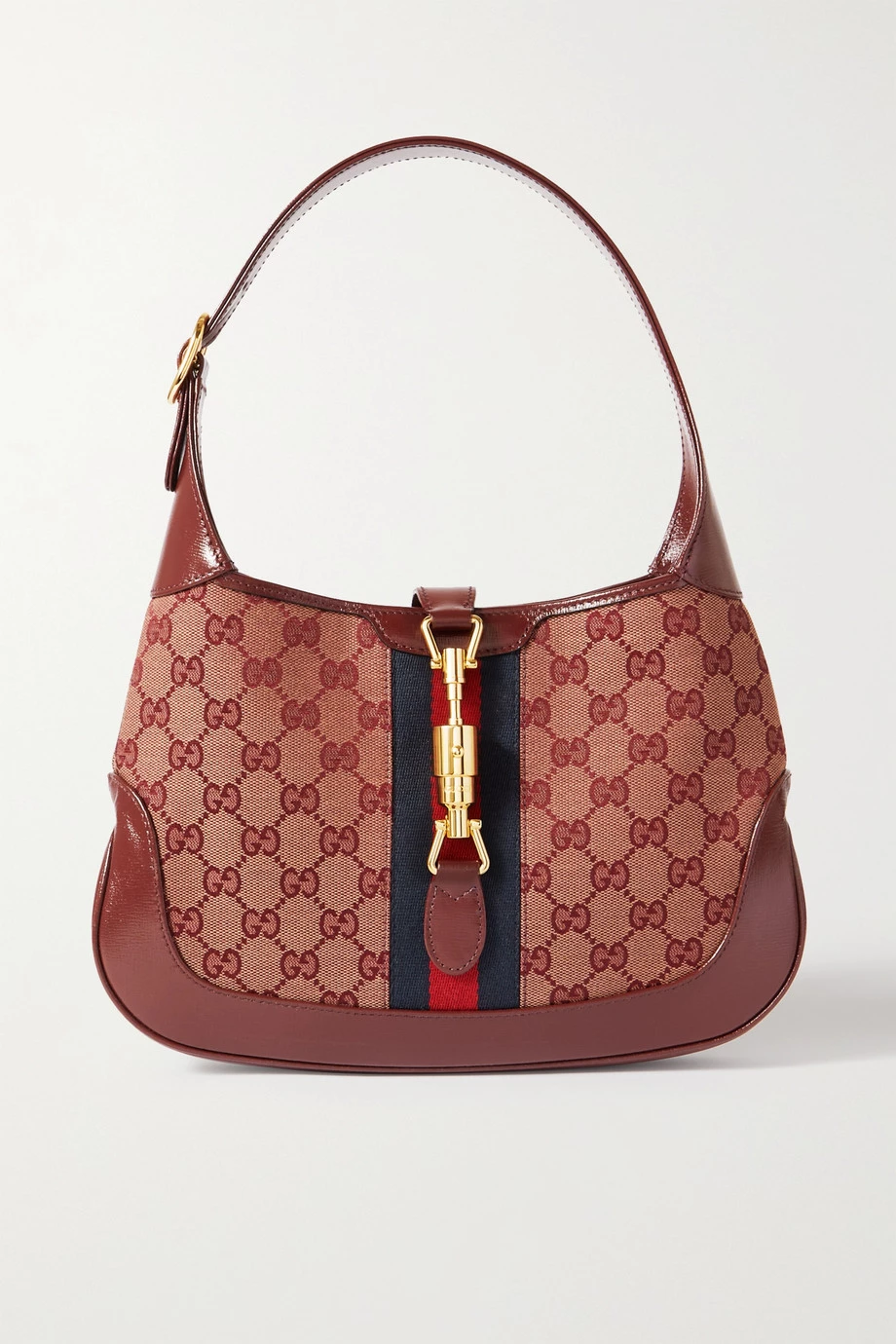 GUCCI Jackie 1961 Kleine Schultertasche Aus Beschichtetem Canvas Und Strukturiertem Leder Mit Webband ,Burgunder 1 GUCCI Jackie 1961 Kleine Schultertasche Aus Beschichtetem Canvas Und Strukturiertem Leder Mit Webband ,Burgunder