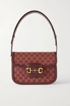 GUCCI Horsebit 1955 Bedruckte Schultertasche Aus Beschichtetem Canvas Mit Lederbesätzen ,Burgunder