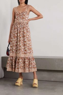 GUCCI Maxikleid Aus Seiden-Twill Mit Blumenprint Und Spitzenbesätzen ,Braun -Gucci Verkäufe w920 q60 326