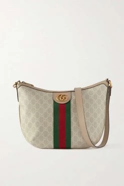 GUCCI Small Schultertasche Aus Beschichtetem Canvas Mit Webstreifen ,Beige