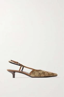 GUCCI Slingback-Pumps Aus Canvas Mit Lederbesätzen Und Kristallen ,Beige