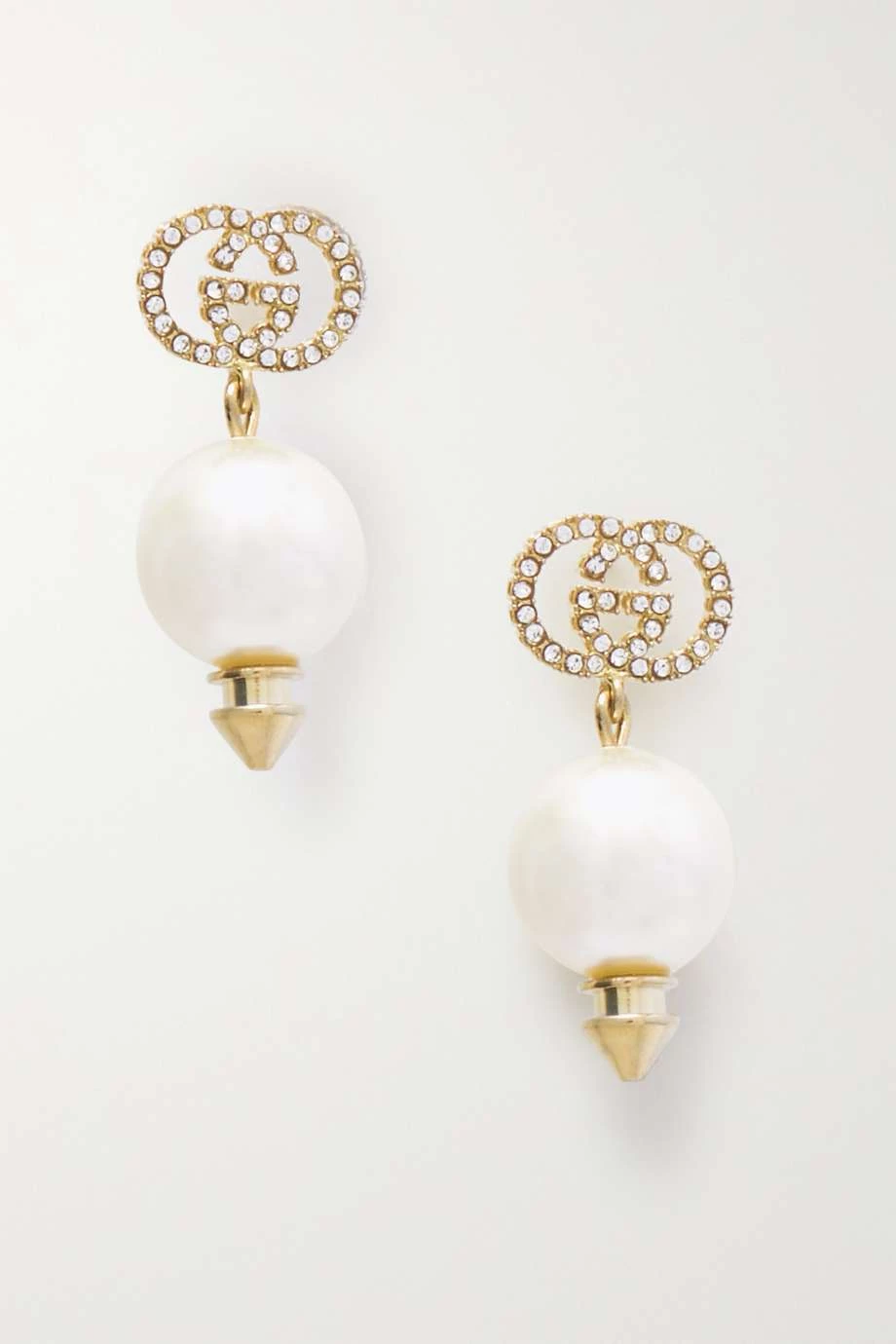 GUCCI GG Goldfarbene Ohrringe Mit Kristallen Und Kunstperlen 1 GUCCI GG Goldfarbene Ohrringe Mit Kristallen Und Kunstperlen