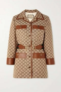 GUCCI Jacke Aus Canvas-Jacquard Aus Einer Baumwollmischung Mit Lederbesätzen Und Gürtel ,Camel