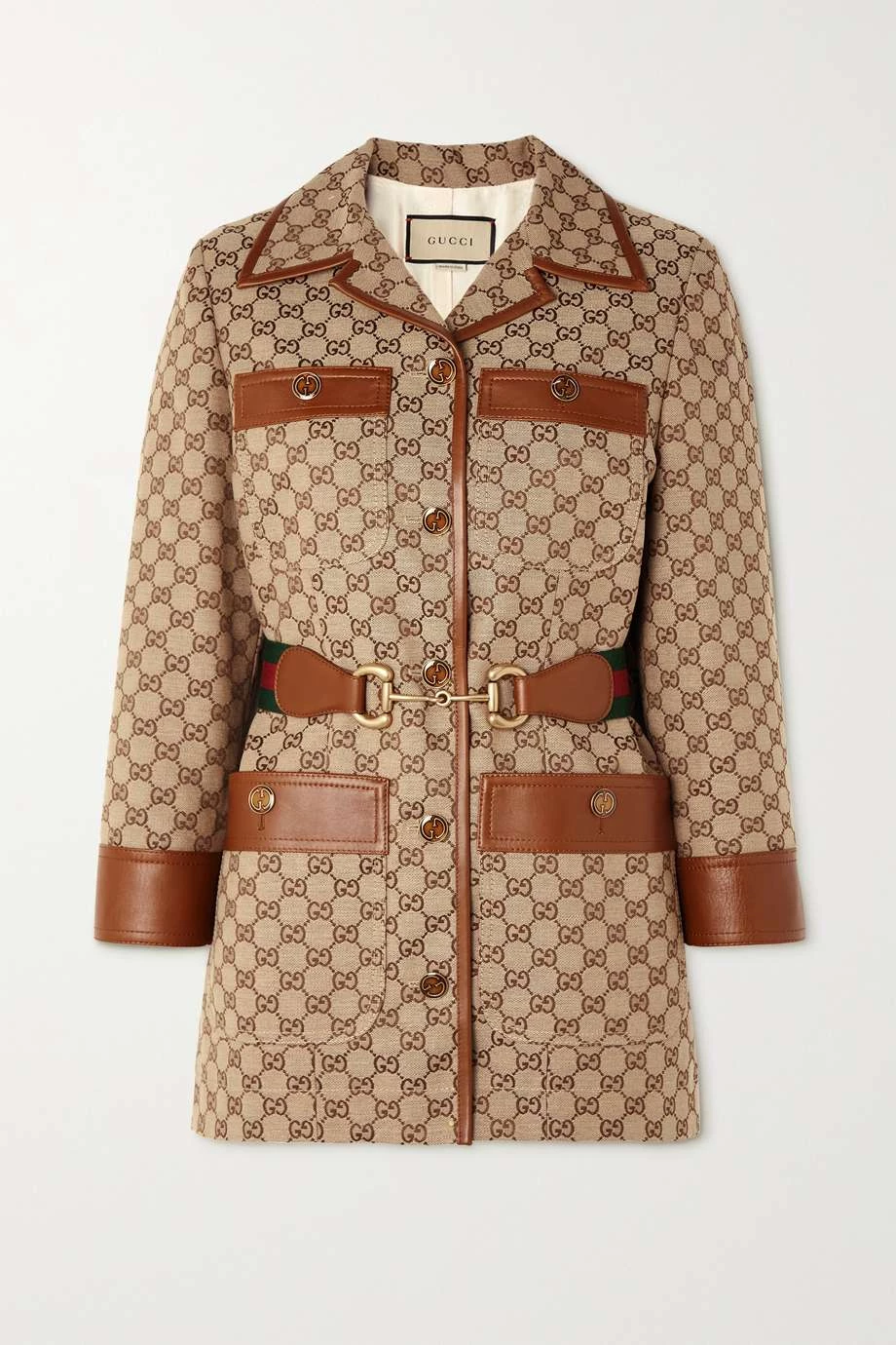 GUCCI Jacke Aus Canvas-Jacquard Aus Einer Baumwollmischung Mit Lederbesätzen Und Gürtel ,Camel 1 GUCCI Jacke Aus Canvas-Jacquard Aus Einer Baumwollmischung Mit Lederbesätzen Und Gürtel ,Camel