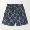GUCCI Jumbo GG Shorts Aus Denim-Jacquard Mit Falten Und Lederbesätzen ,Blau