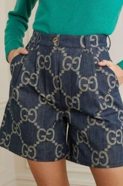GUCCI Jumbo GG Shorts Aus Denim-Jacquard Mit Falten Und Lederbesätzen ,Blau -Gucci Verkäufe w920 q60 720
