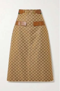 GUCCI Aria Verzierter Midirock Aus Bedrucktem Canvas Aus Einer Baumwollmischung Mit Lederbesätzen ,Camel
