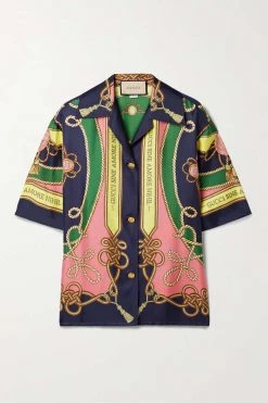 GUCCI Love Parade Hemd Aus Glänzendem Seiden-Twill Mit Print ,Blau